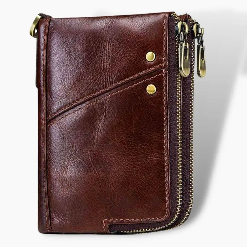 Portefeuille Homme Cuir Véritable Charmoni – Compact Slim Avec Fermetures Éclair & Passant Ceinture – Marron Foncé