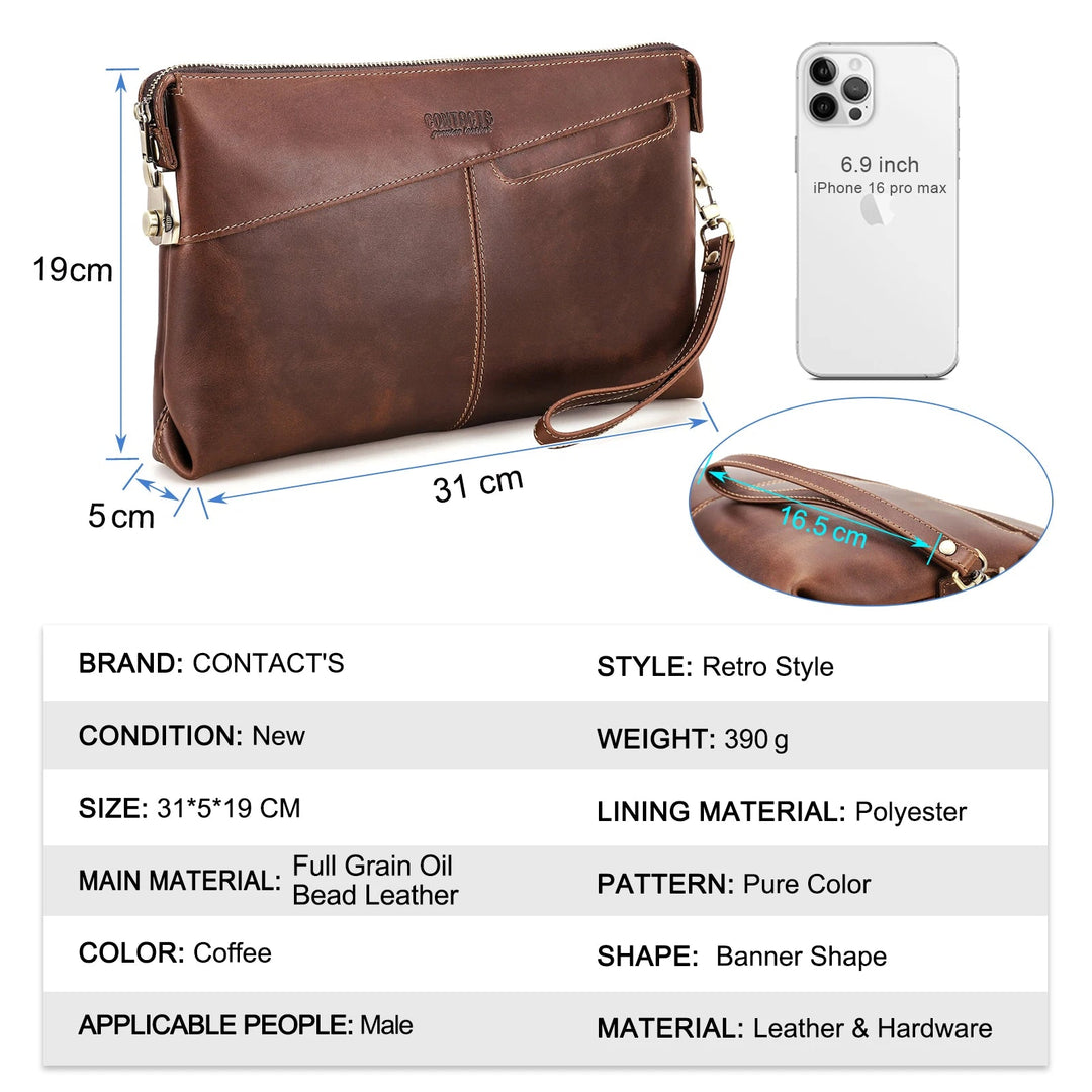 Pochette Cuir Homme Marron Patiné – Doublure Cuir, Zippée avec Dragonne L'artisan Cuir