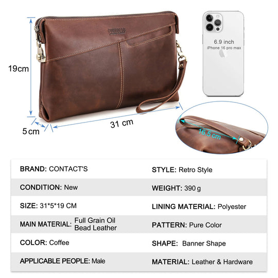 Pochette Cuir Homme Marron Patiné – Doublure Cuir, Zippée avec Dragonne L'artisan Cuir
