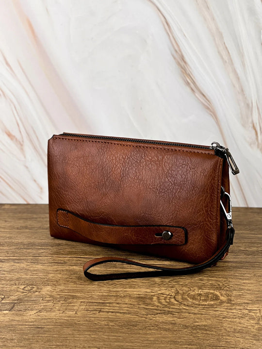 Pochette Poignet Homme Marron Effet Vintage – Zippée avec Dragonne L'artisan Cuir