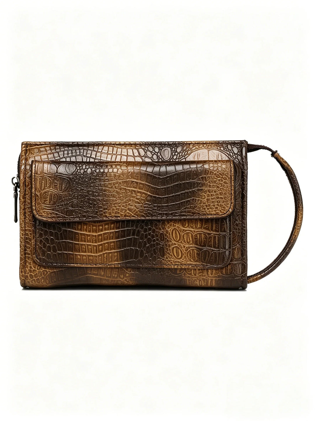 Pochette Homme Effet Croco Marron – à Rabat, Zippée avec Dragonne L'artisan Cuir