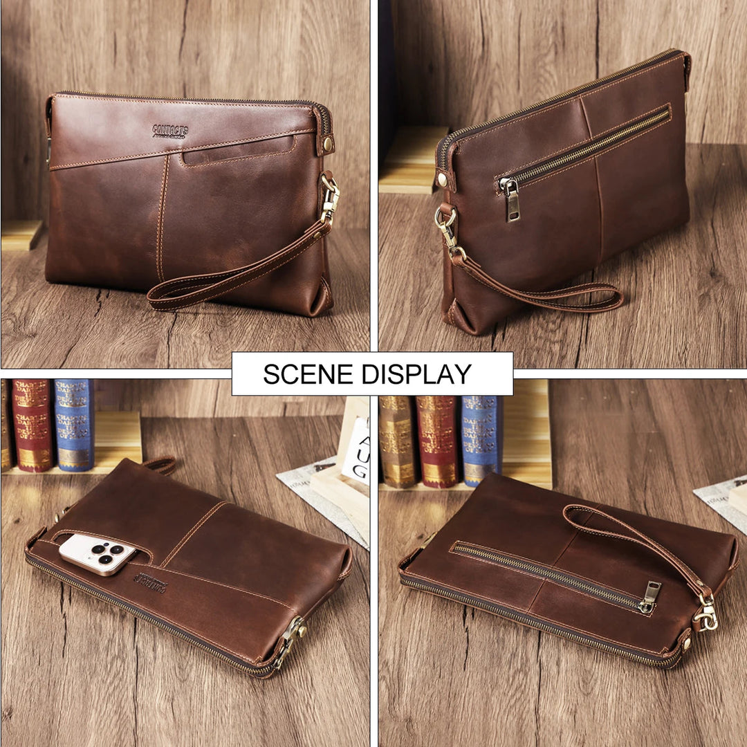 Pochette Cuir Homme Marron Patiné – Doublure Cuir, Zippée avec Dragonne L'artisan Cuir