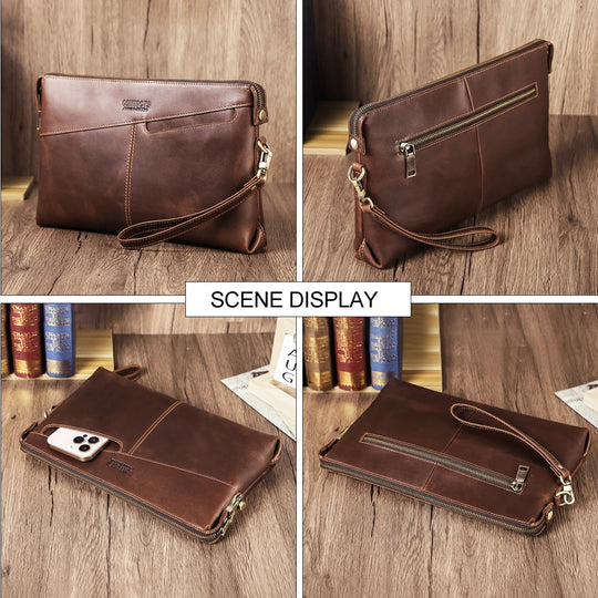 Pochette Cuir Homme Marron Patiné – Doublure Cuir, Zippée avec Dragonne L'artisan Cuir