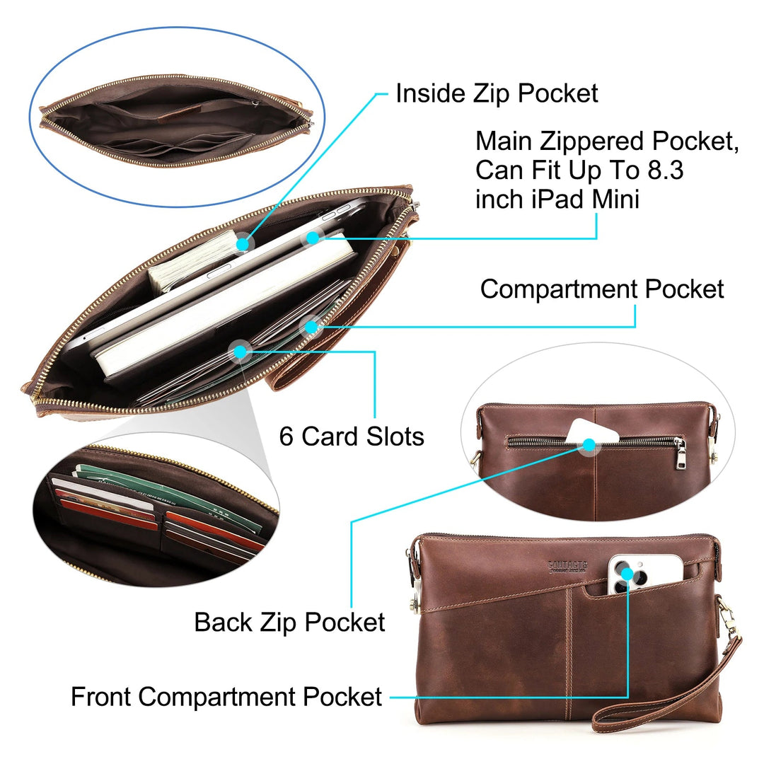 Pochette Cuir Homme Marron Patiné – Doublure Cuir, Zippée avec Dragonne L'artisan Cuir