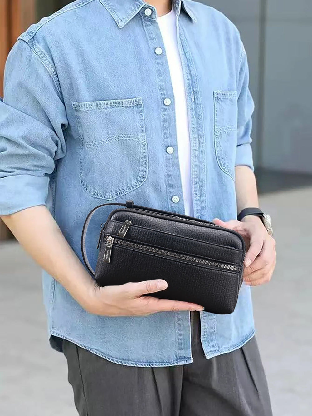Pochette Homme Noire Double Zip avec Poignée L'artisan Cuir