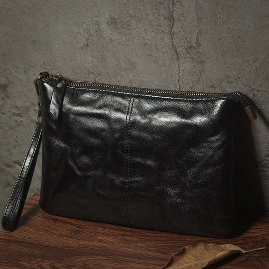 Pochette Cuir Homme Cognac – Cuir Froissé Vintage, Zippée avec Dragonne L'artisan Cuir