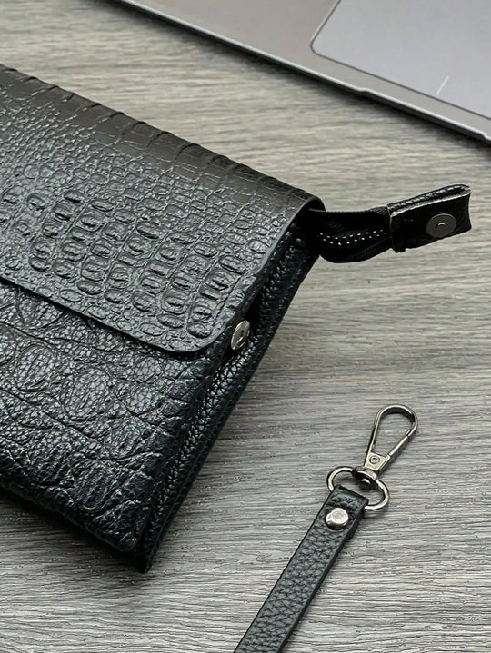 Pochette Homme Noire Effet Croco – Tête en Relief, à Rabat avec Dragonne L'artisan Cuir
