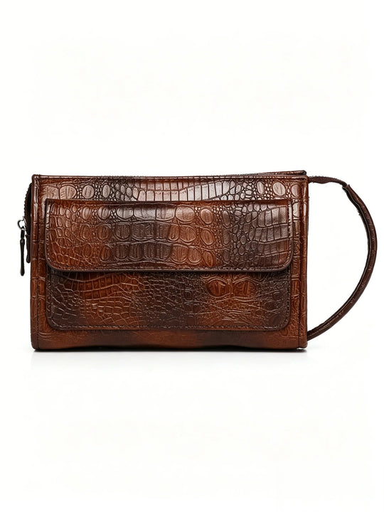 Pochette Homme Effet Croco Marron – à Rabat, Zippée avec Dragonne L'artisan Cuir