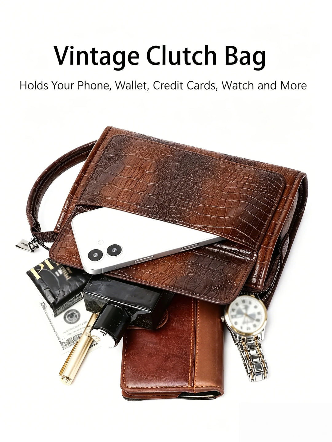 Pochette Homme Effet Croco Marron – à Rabat, Zippée avec Dragonne L'artisan Cuir