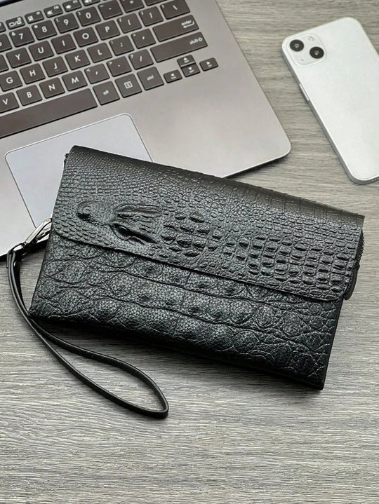 Pochette Homme Noire Effet Croco – Tête en Relief, à Rabat avec Dragonne L'artisan Cuir