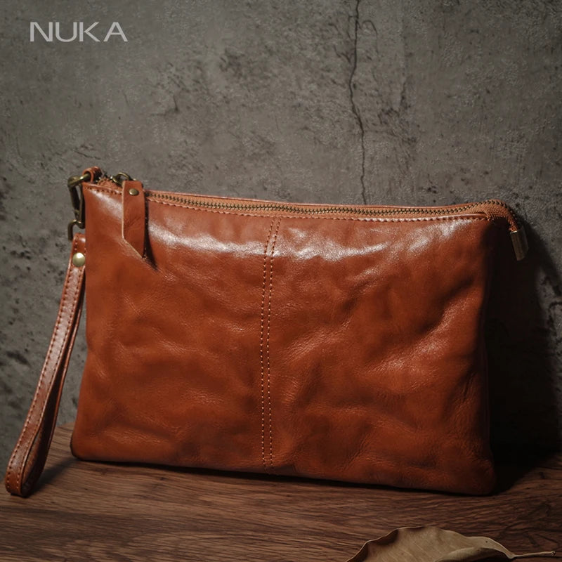 Pochette Cuir Homme Cognac – Cuir Froissé Vintage, Zippée avec Dragonne L'artisan Cuir