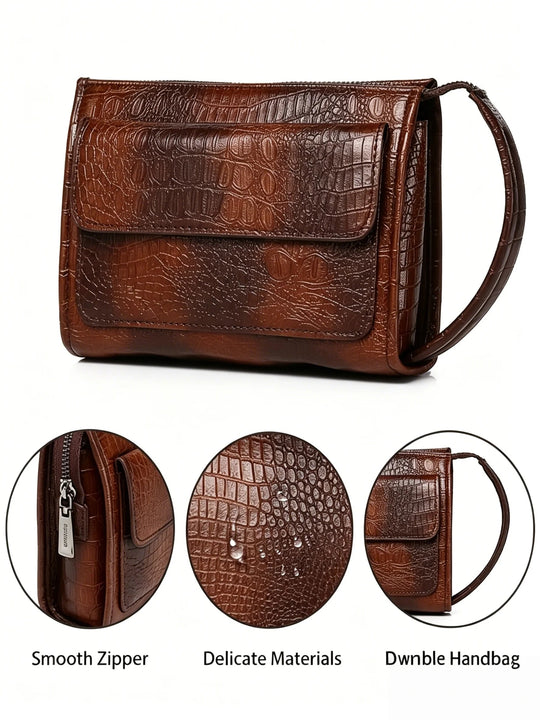 Pochette Homme Effet Croco Marron – à Rabat, Zippée avec Dragonne L'artisan Cuir
