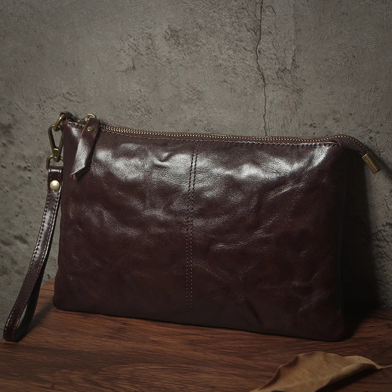 Pochette Cuir Homme Cognac – Cuir Froissé Vintage, Zippée avec Dragonne L'artisan Cuir