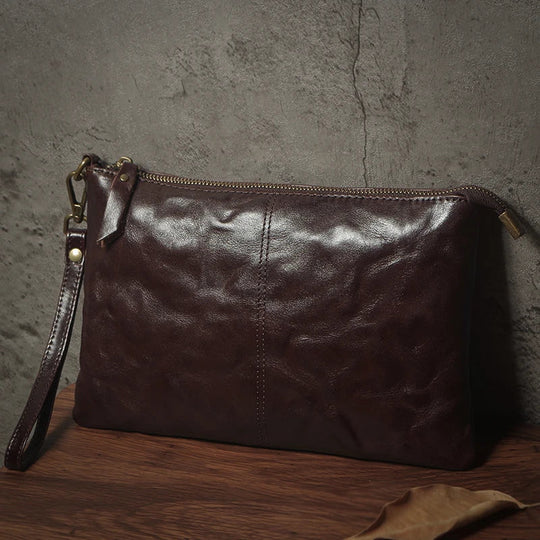 Pochette Cuir Homme Cognac – Cuir Froissé Vintage, Zippée avec Dragonne L'artisan Cuir