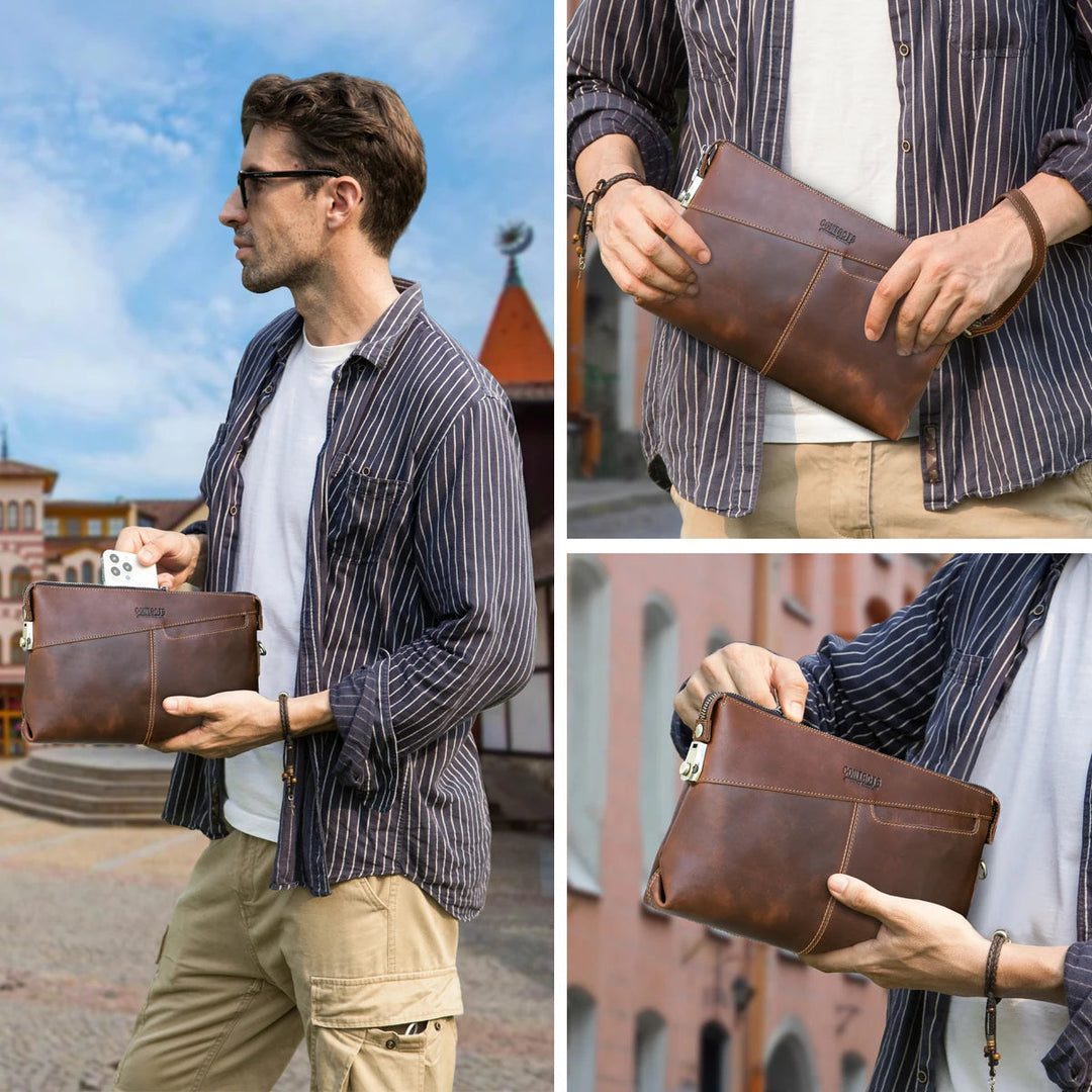 Pochette Cuir Homme Marron Patiné – Doublure Cuir, Zippée avec Dragonne L'artisan Cuir