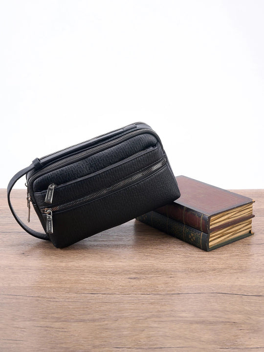 Pochette Homme Noire Double Zip avec Poignée L'artisan Cuir