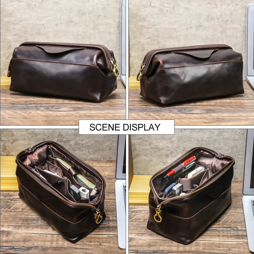 Pochette Cuir Homme à Armature Marron – Trousse de Toilette Zippée L'artisan Cuir