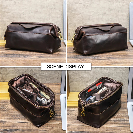 Pochette Cuir Homme à Armature Marron – Trousse de Toilette Zippée L'artisan Cuir