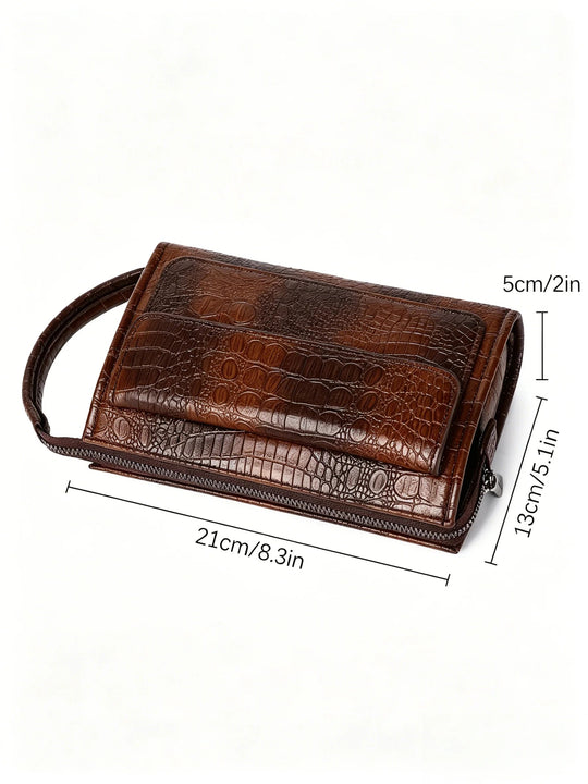 Pochette Homme Effet Croco Marron – à Rabat, Zippée avec Dragonne L'artisan Cuir